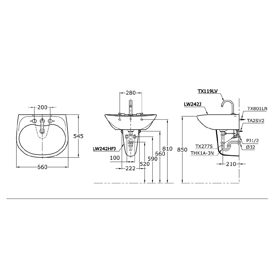 TOTO LW242J/LW242HFJ Half Pedestal Lavatory / Wastafel 2